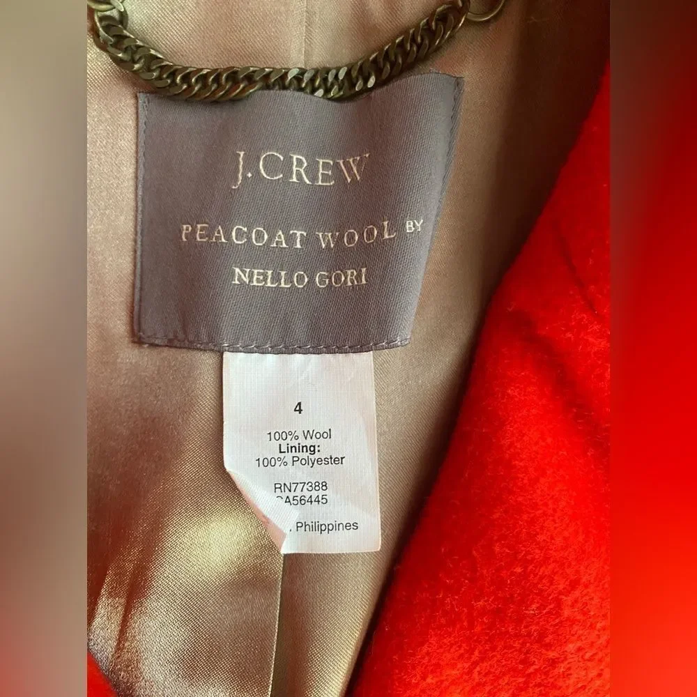 J. Crew Pea Coat Womens Red 100% Wool Nello Gori Gold Button Classic Sz 4